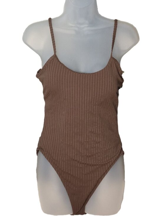 Zaful Other - Brown Ribbed Scoop Neck One Piece Swimsuit M Adjustable Straps